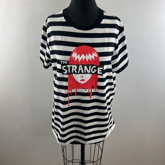 Dolls Kill x Emily the Strange Tee Black White Stripe Cotton Blend Short Sleeve - Picture 2 of 8